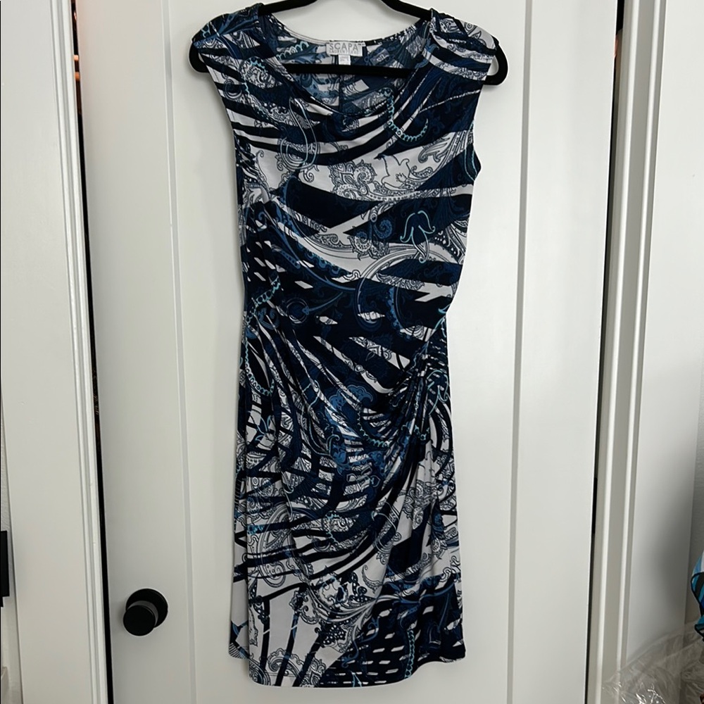 Blue and White Sleeveless Cowl Neck Midi Dress